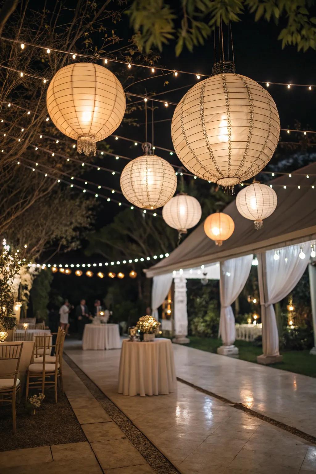 Suspended lanterns introducing enchantment to a wedding venue.