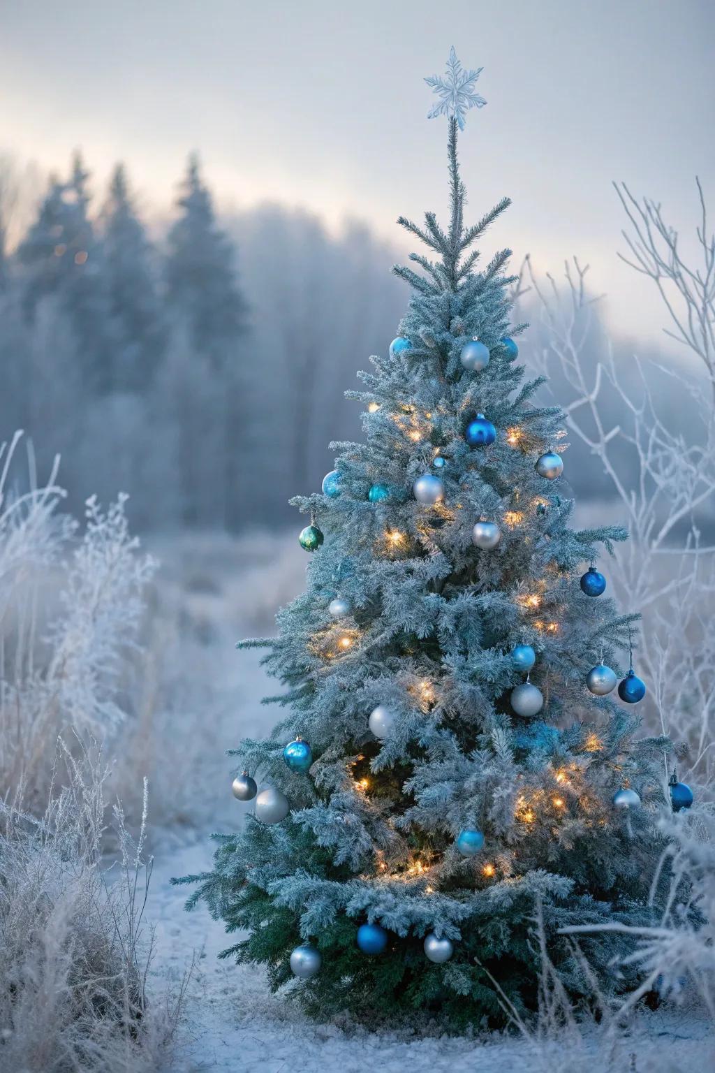 A frosted enthrallment Christmas tree showcasing icy illumination and crystal embellishments.