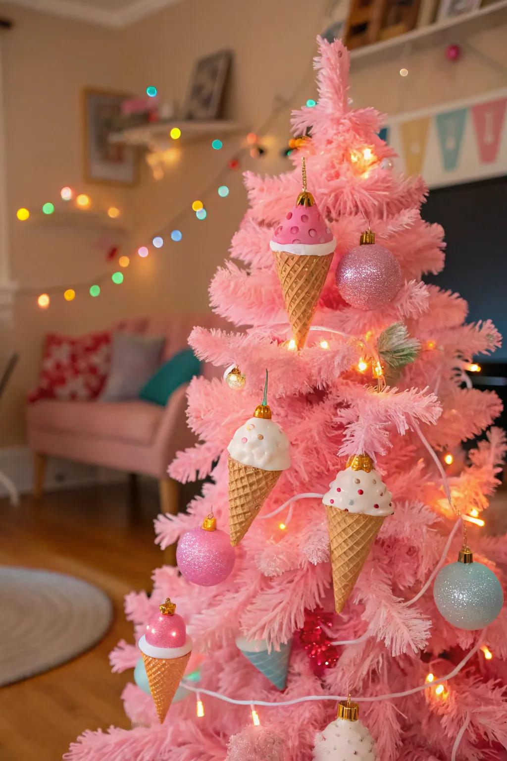 A delightful tree adorned with frozen cream cone ornaments.