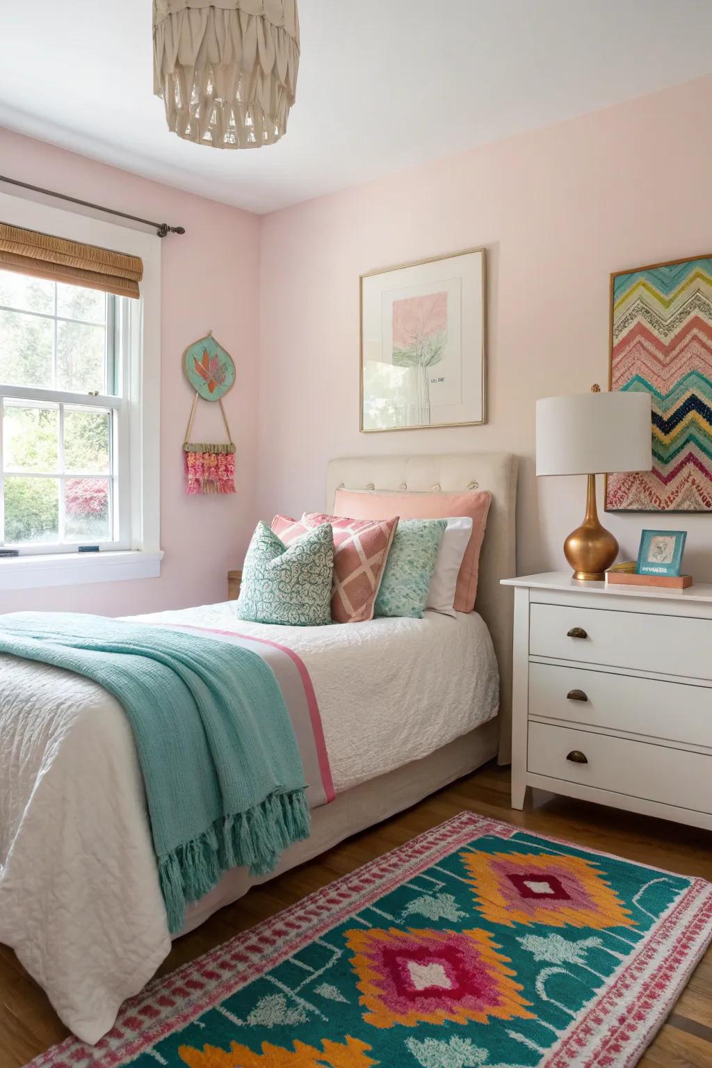 A muted color scheme with striking accents introduces depth to a small bedroom.