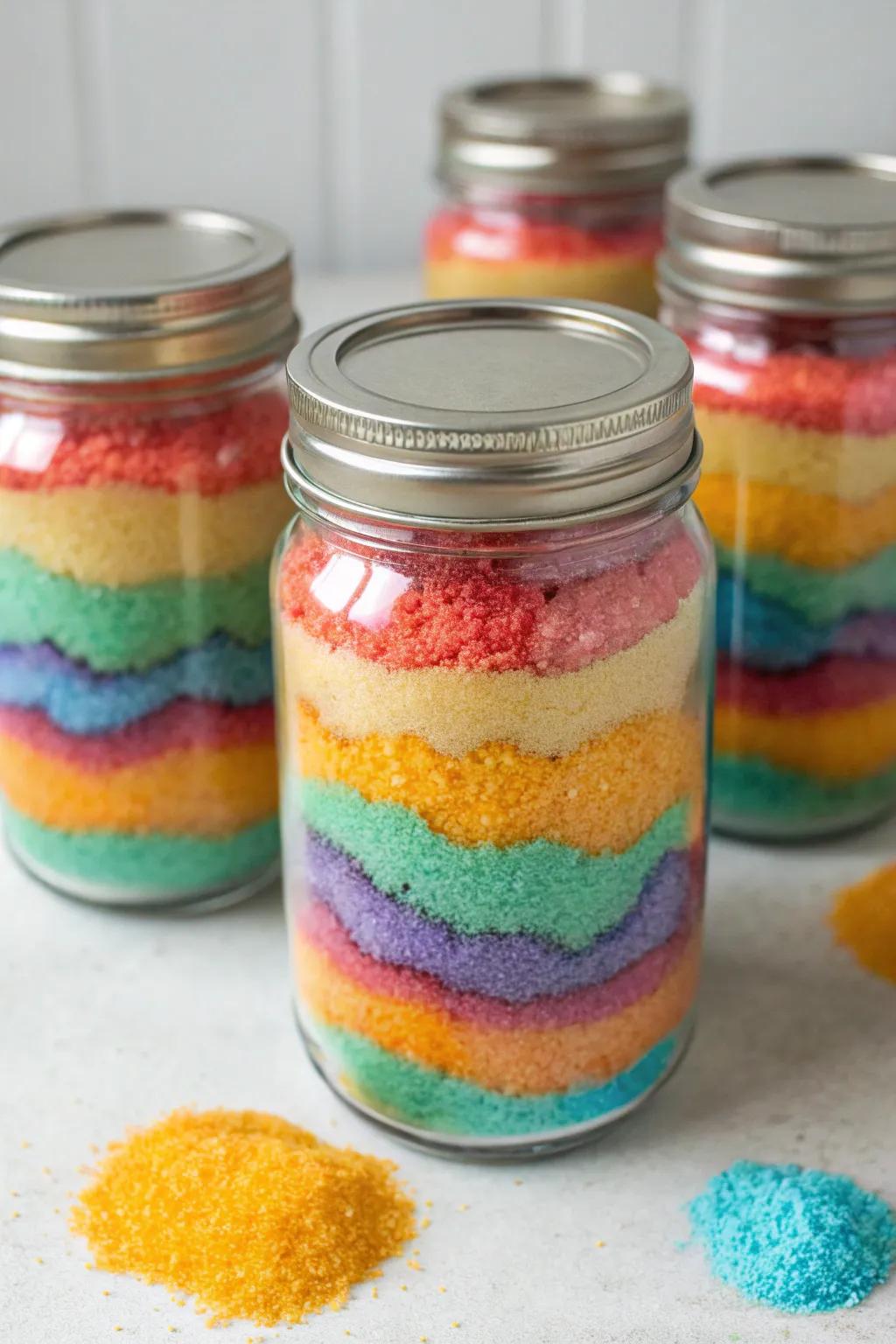 Vessels brimming with strata of kaleidoscopic sugar to mirror dune artwork.