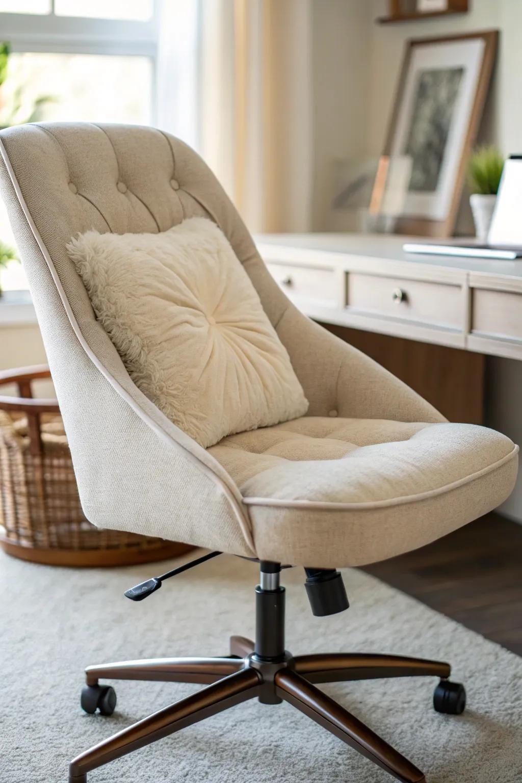 A cozy cushion enhancing the seating experience at a desk.