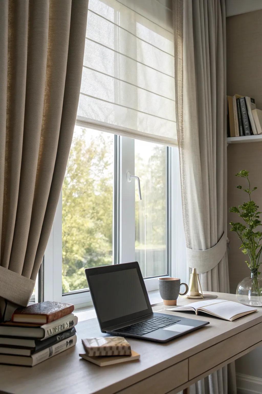 Blinds and curtains provide light control and seclusion.