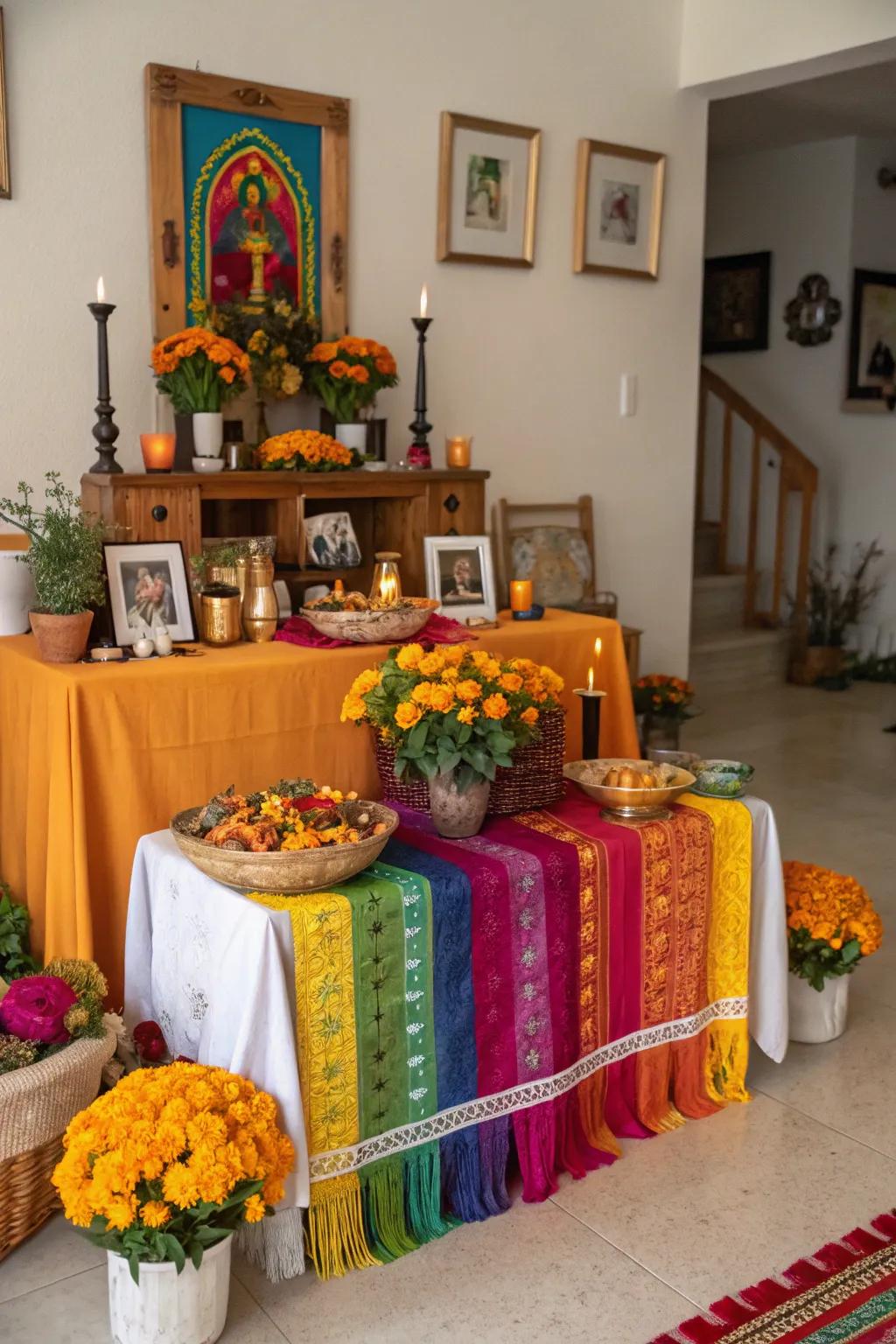 Colorful fabrics offer a vibrant setting for the altar.