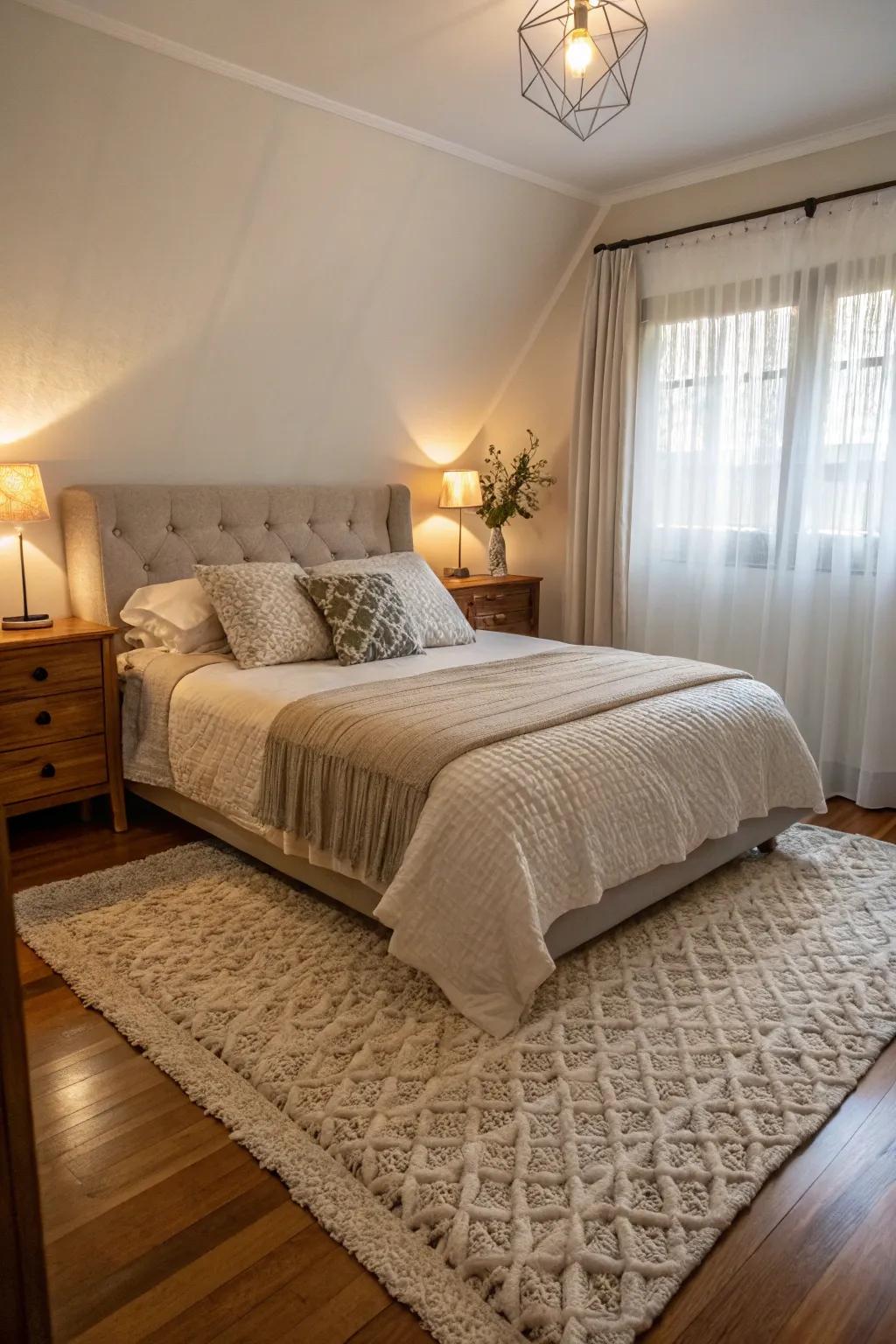 A rug solidifies the bed arranged diagonally and adds comfort.