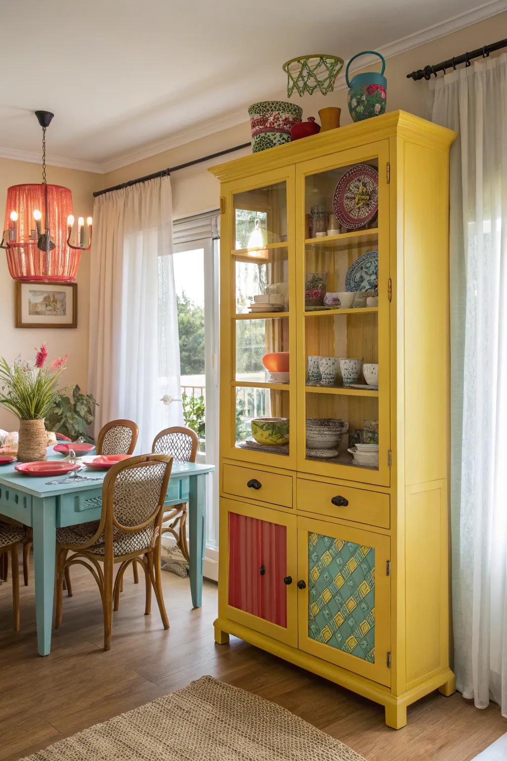 Create impact using a brightly colored cabinet.