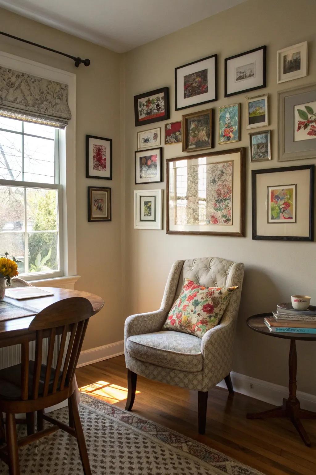 An art display personalizes and brightens the dining space's corner.