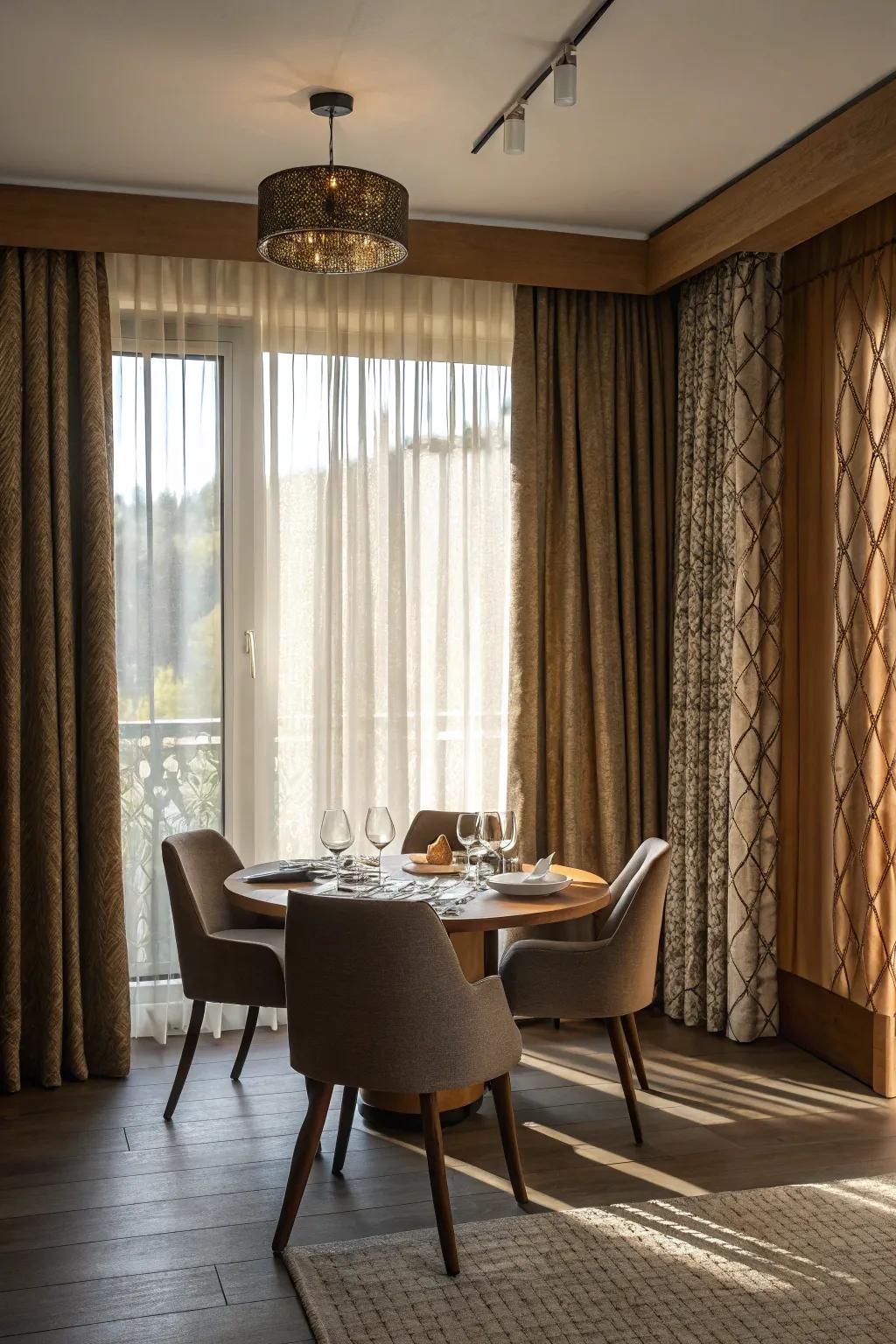 Textured coverings adding dimension to the dining room.