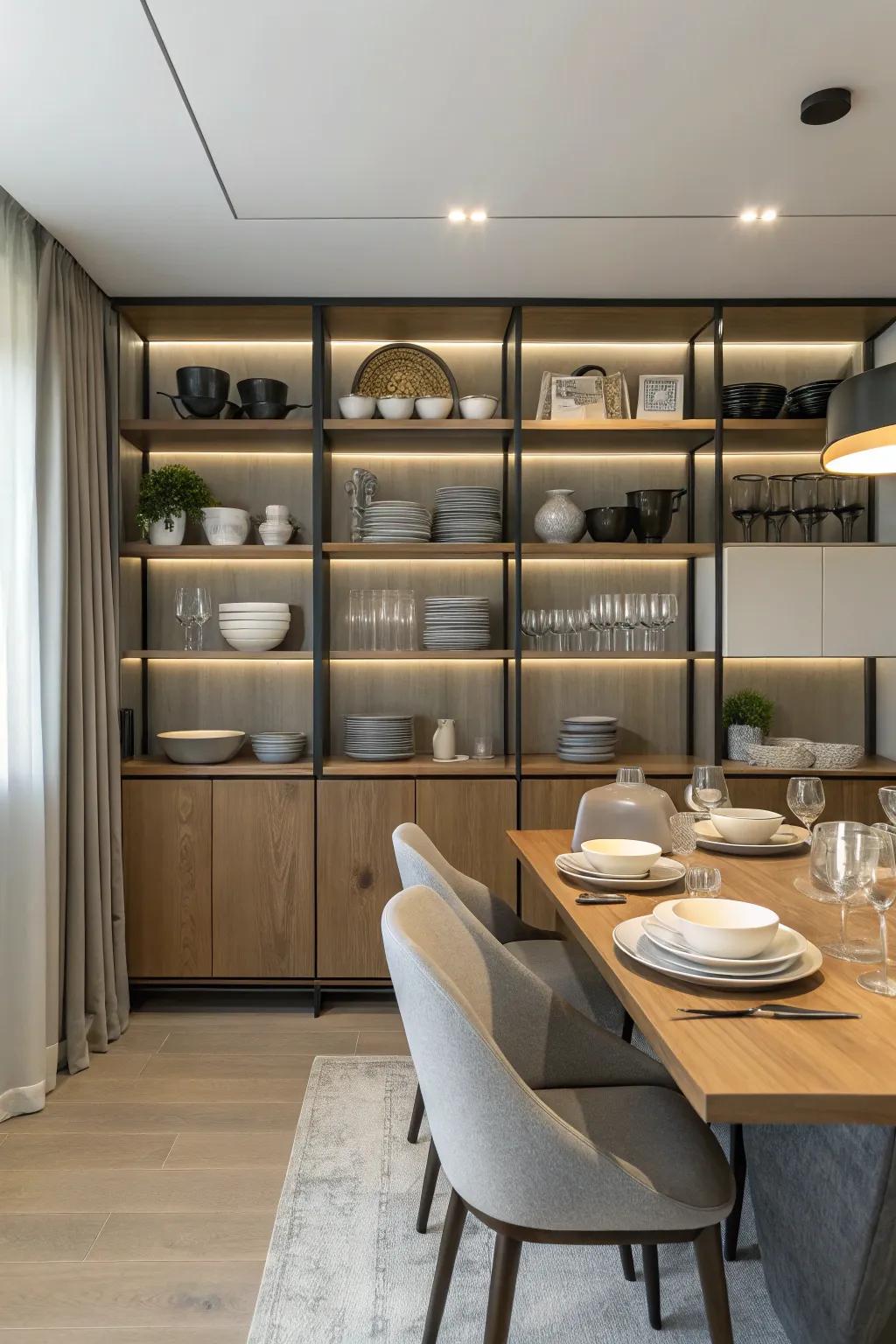 Open shelving offers both practical storage and decorative display.