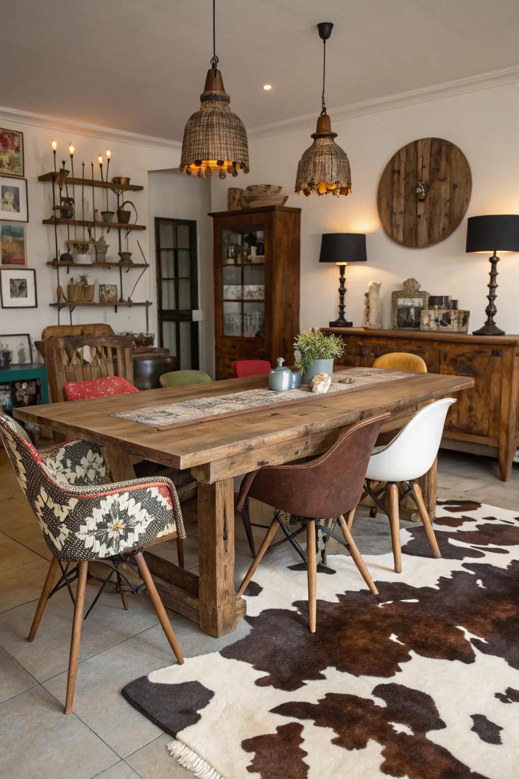 Showcase unique charm with a cowhide rug.