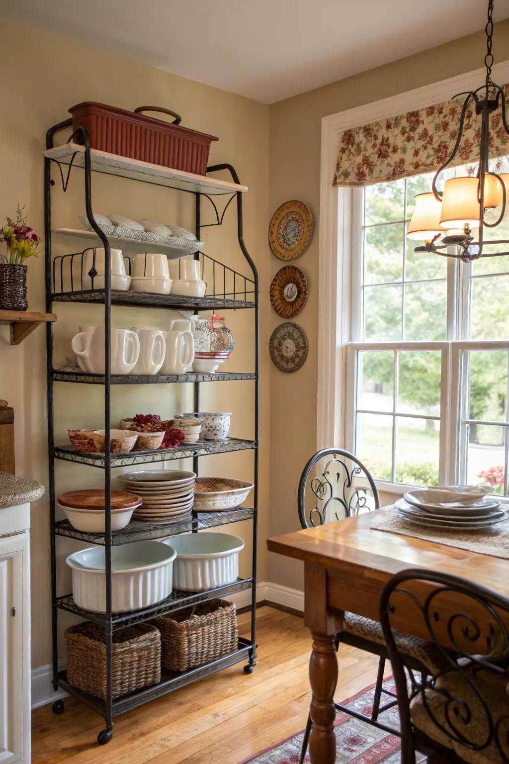 Baker's racks offer vertical storage, making them ideal for smaller dining rooms.