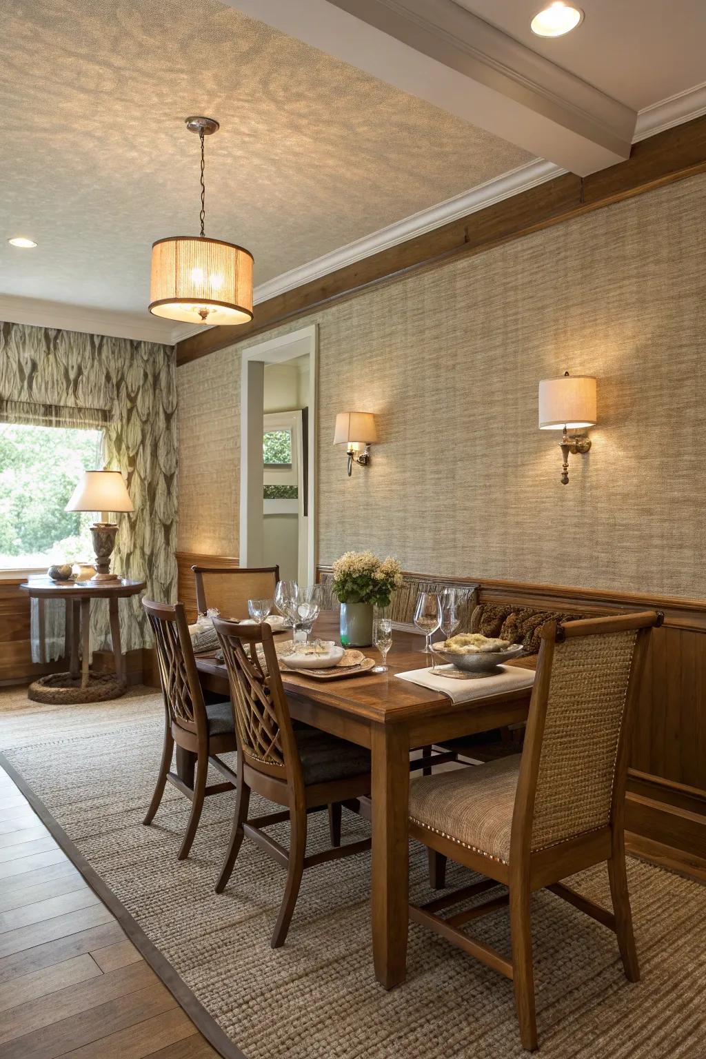 Textured wall designs introduce depth and tactile interest to this dining space.
