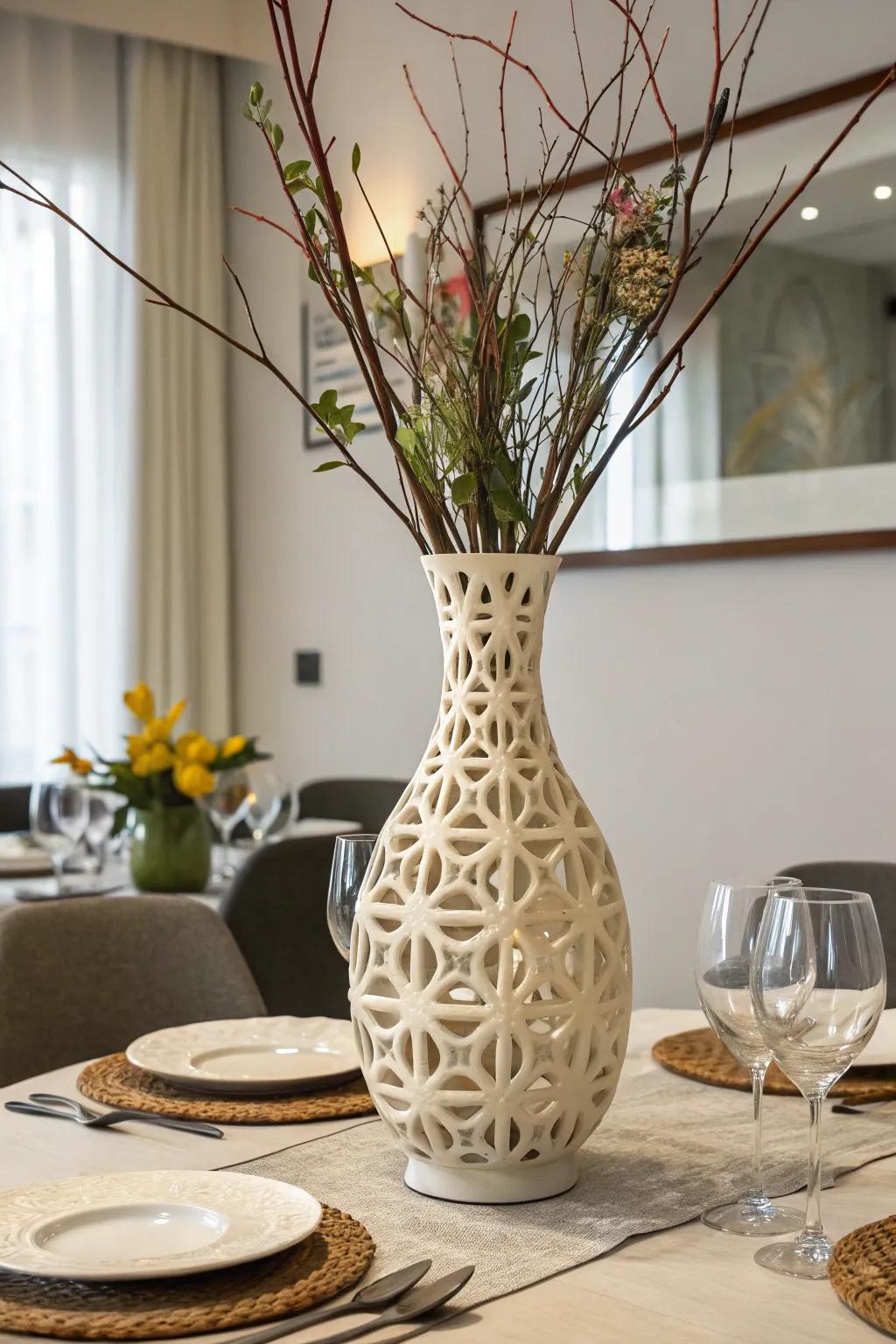 A shaped vase functions as both a centerpiece and an artistic focal point.