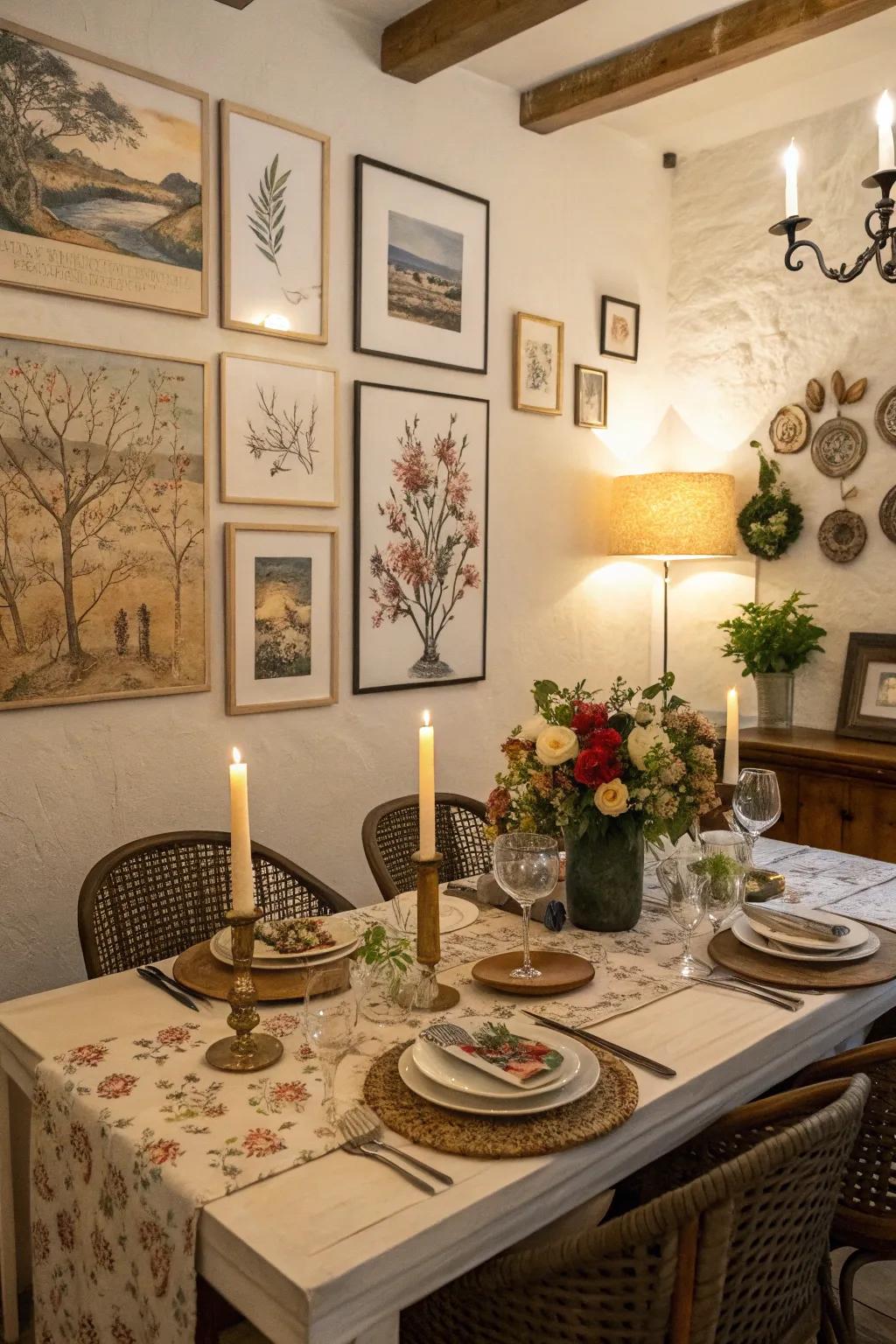 A dining area featuring wall adornments and artistic touches.
