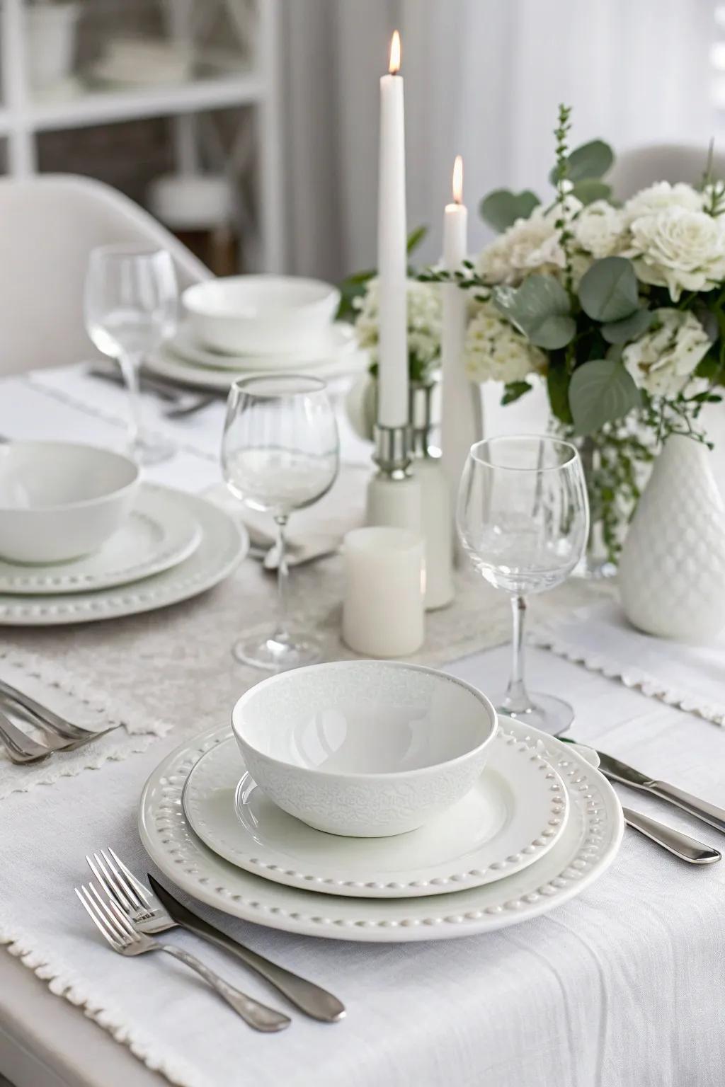 A monochrome table arrangement fostering a sleek and contemporary ambiance.