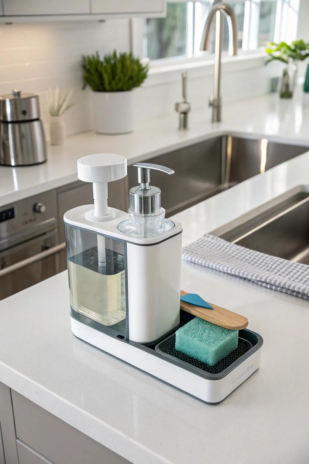 Dual functionality dispensers uphold countertop organization.