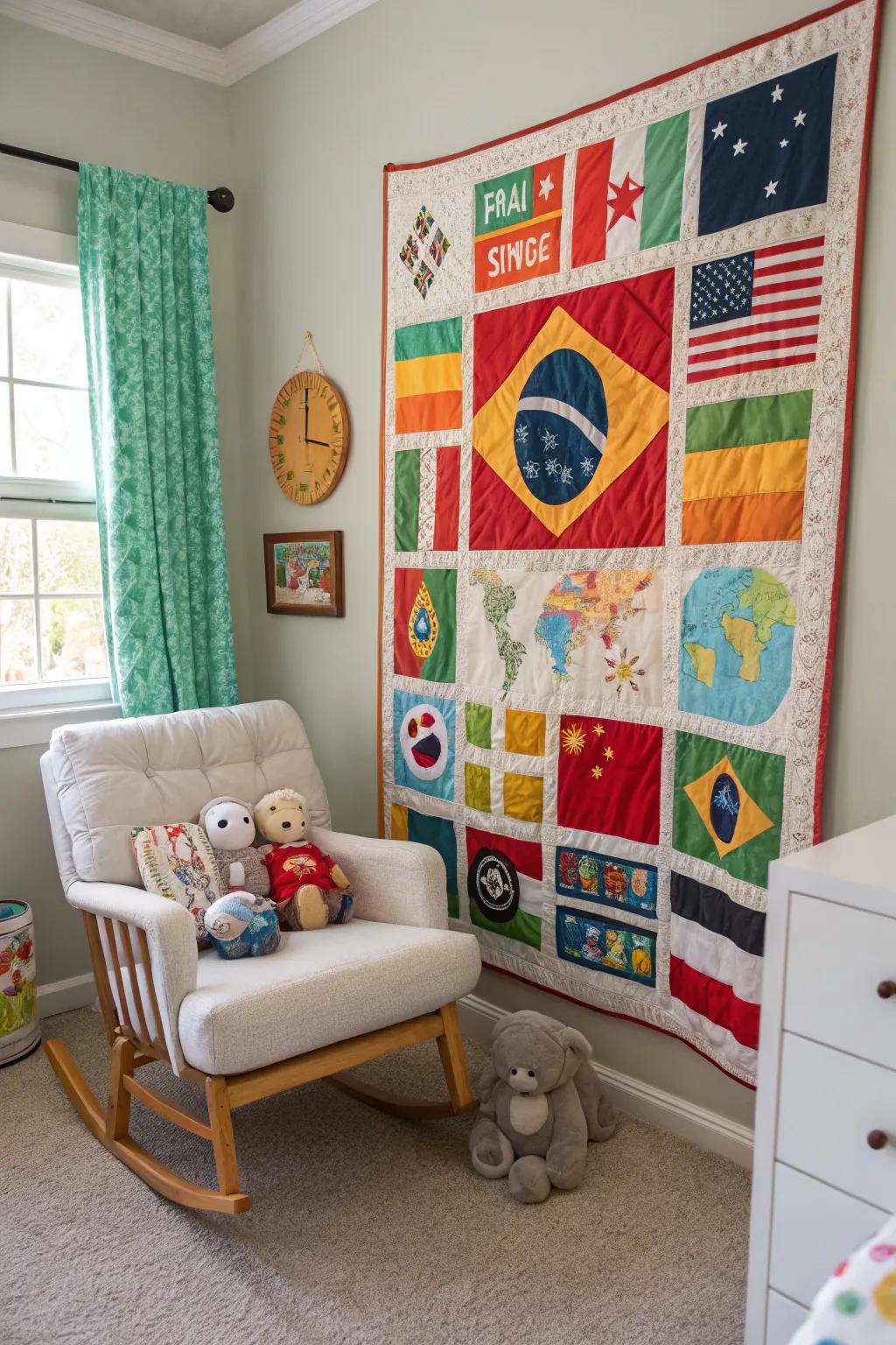 A colorful covering celebrating cultural variety in a child's quarters.