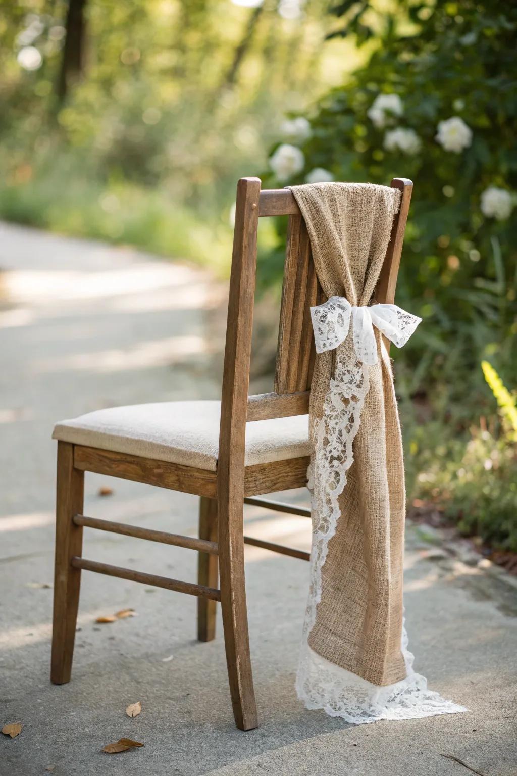 Embrace country-inspired charm with a burlap and lace chair, ideal for a cozy outdoor baby shower.