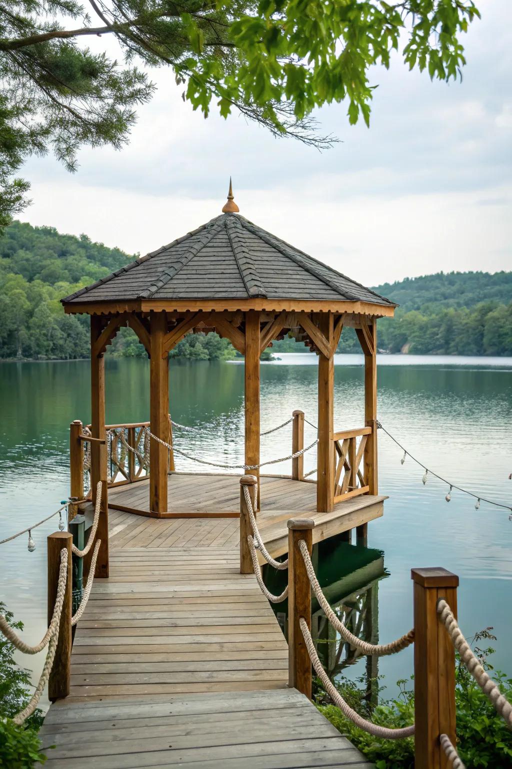 Capture rustic charm with a boathouse-style gazebo on your dock.