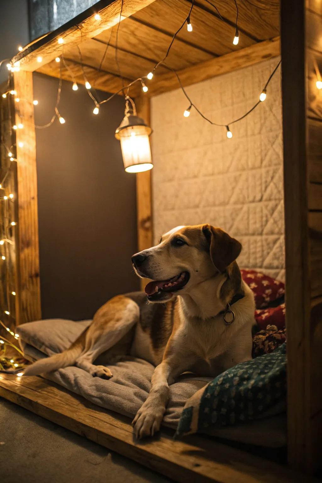 Encompassing illumination through strands of lights transmutes a canine niche into an inviting, warm expanse.