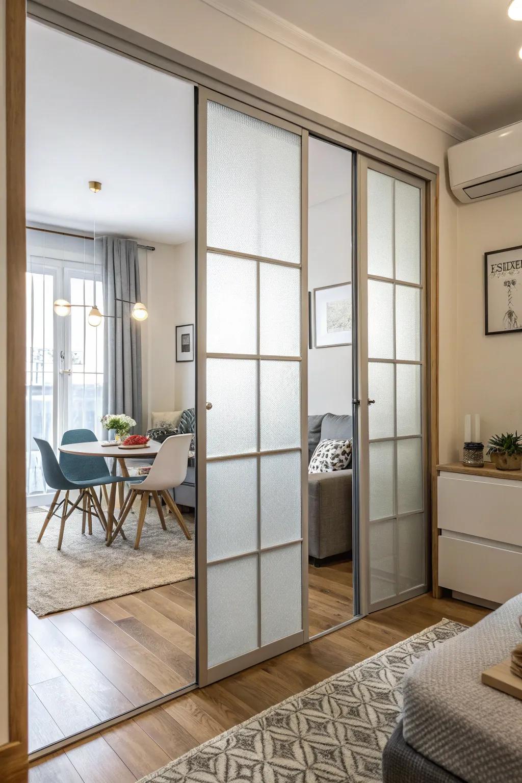 Opaque glass doors elegantly combine privacy and light flow in this studio apartment.