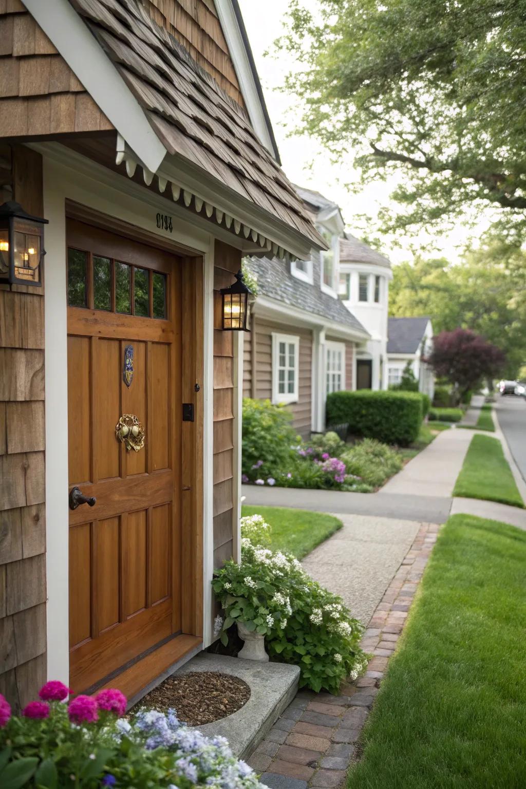 A front door with a charming tile overhang in a traditional house setting.