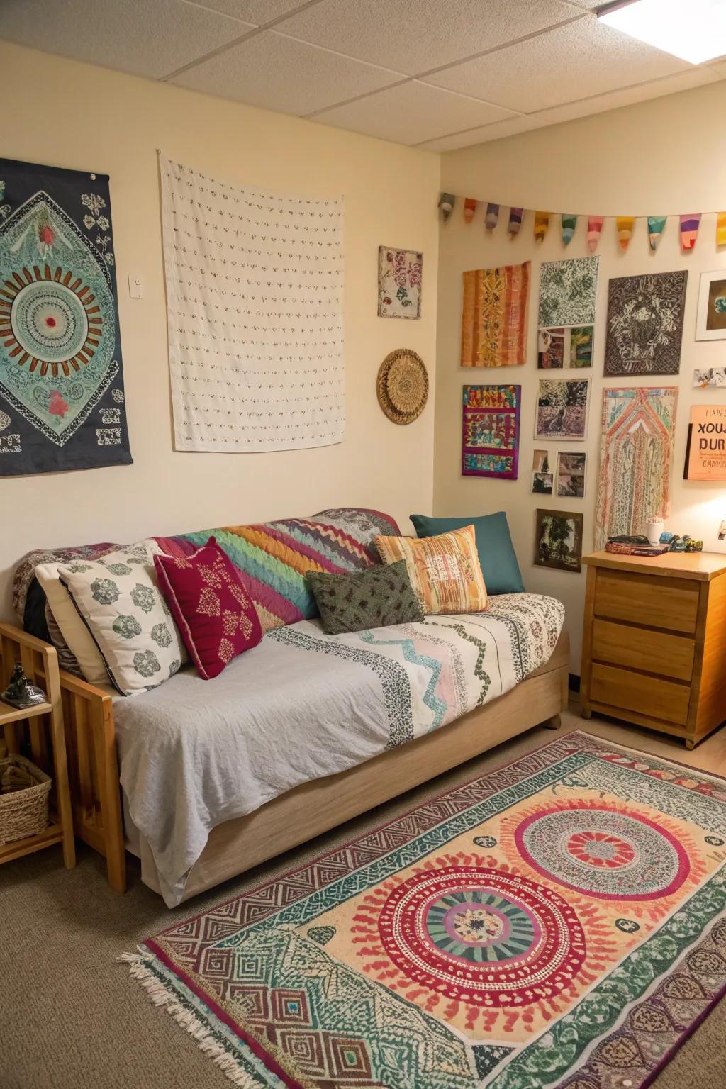 Layered textures create an inviting atmosphere in this dorm room.