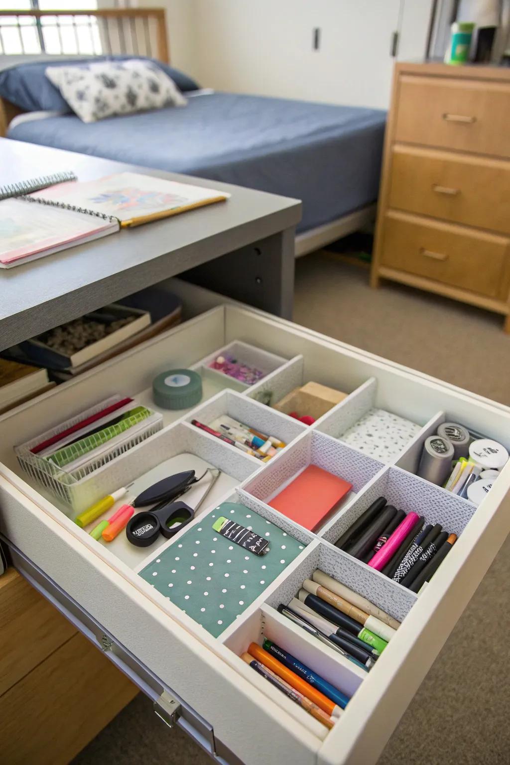 Drawer partitions ensure your necessities are neatly arranged.