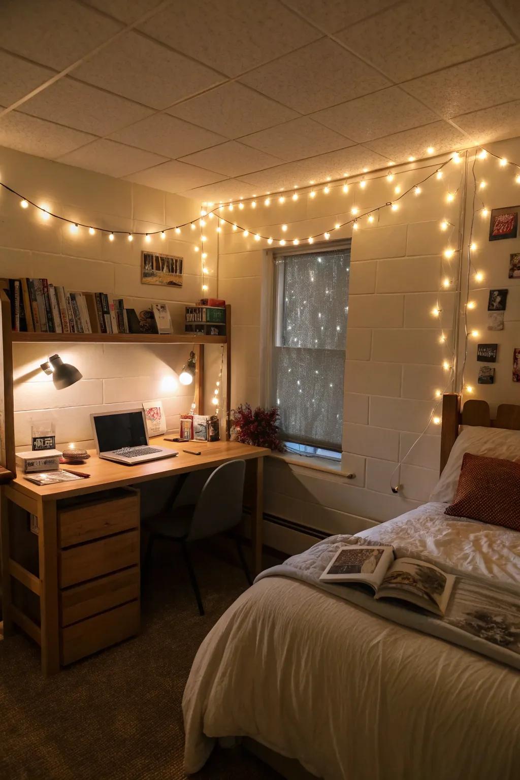Soft lighting makes your dorm room feel more comfortable and sets the mood.