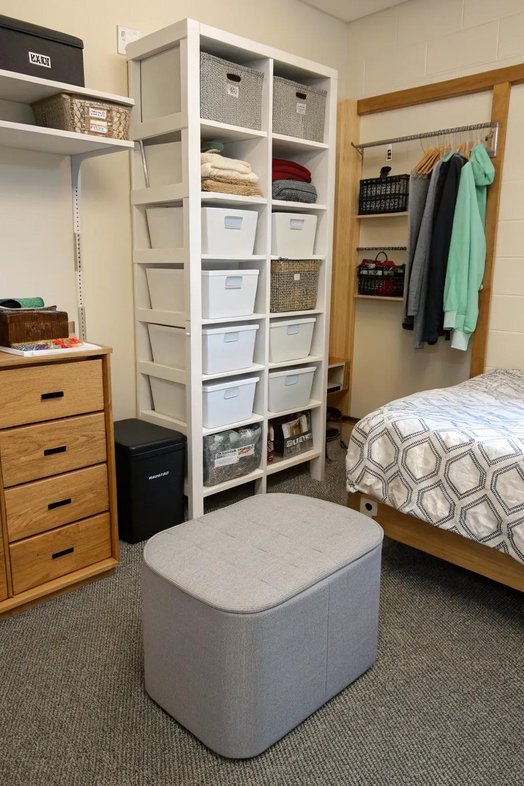 Smart storage solutions are key to maintaining an organized and efficient dorm room.