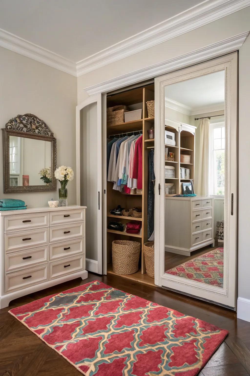 Decorative accents lend charm and personality to a double closet setting.