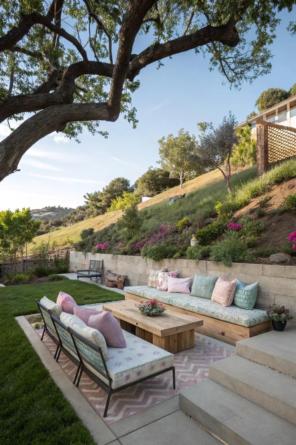 Comfy lounging zones invite you to savor the loveliness of your sloped garden.