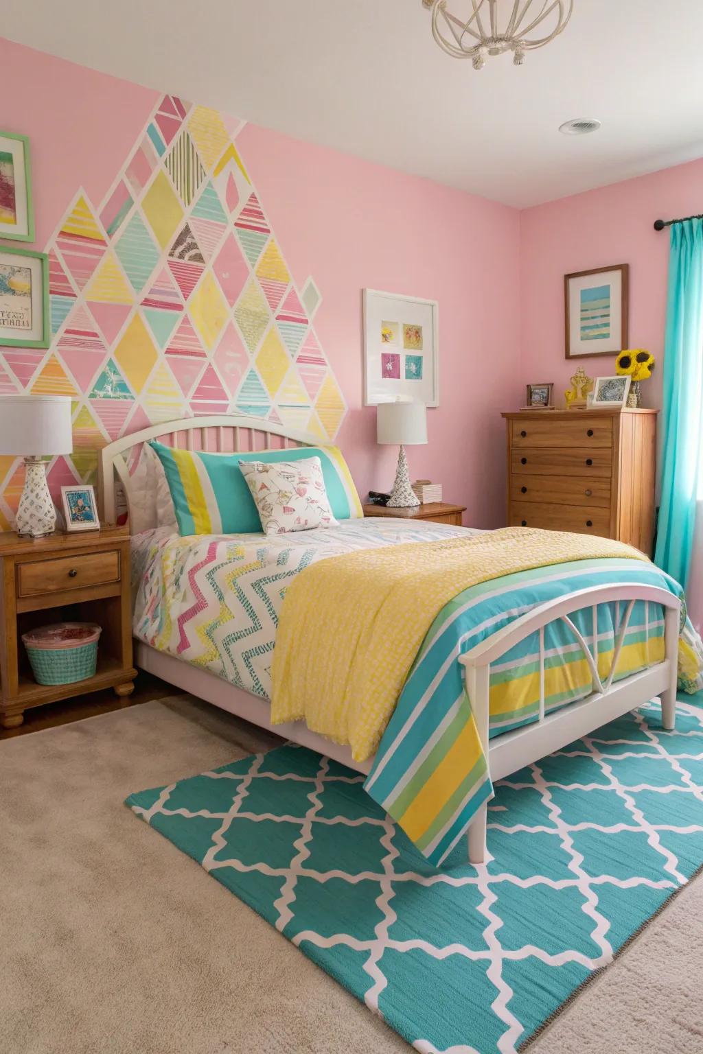 A bedroom with a vibrant color scheme and coordinated decor.