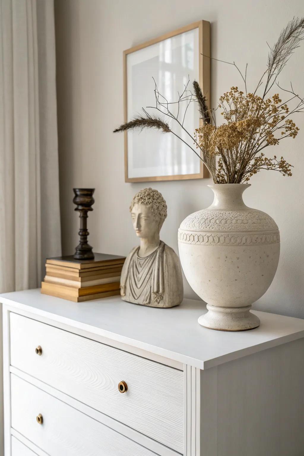 Minimalist decor establishes a peaceful and elegant dresser.