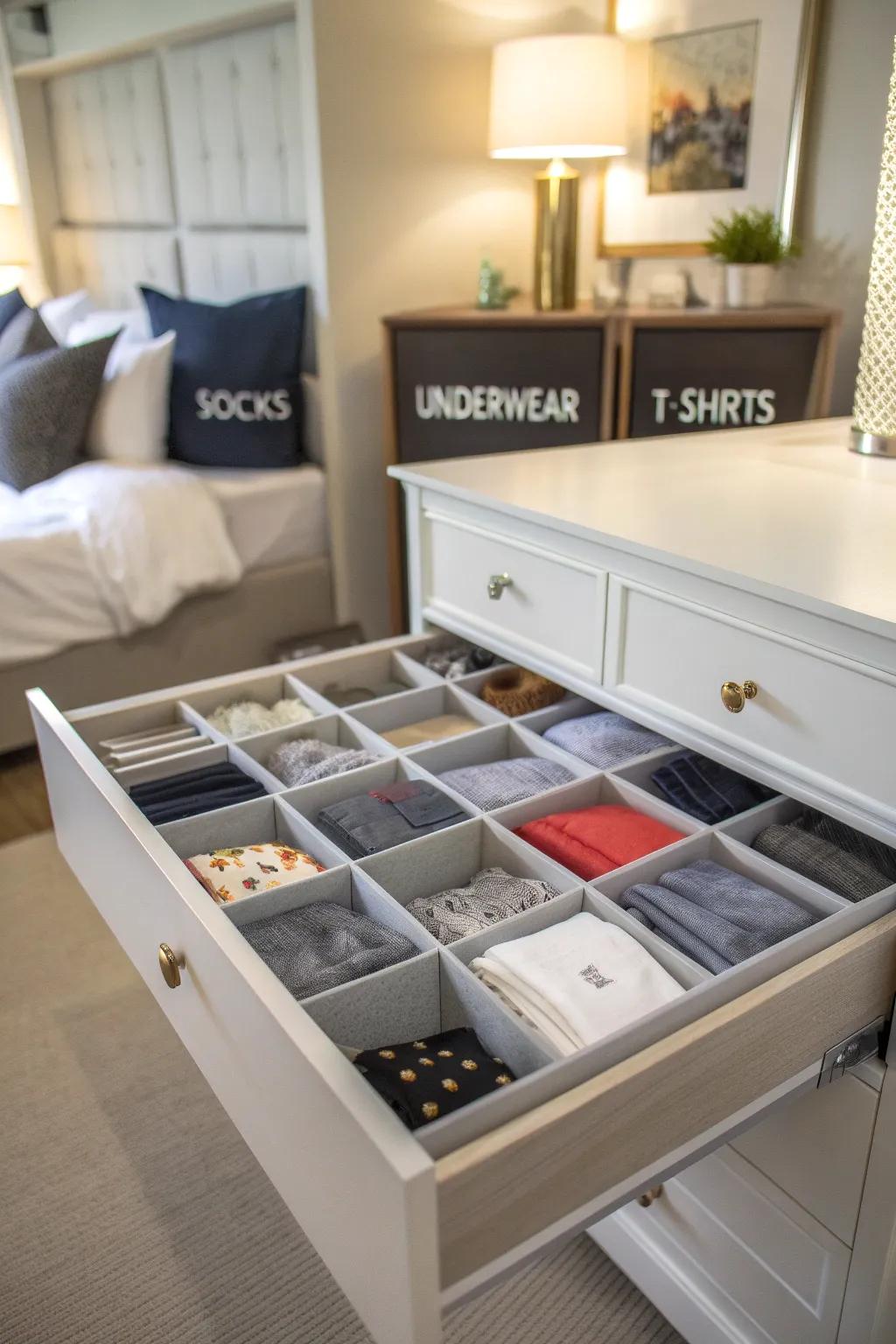 Drawer sections clearly labeled for easy organization.