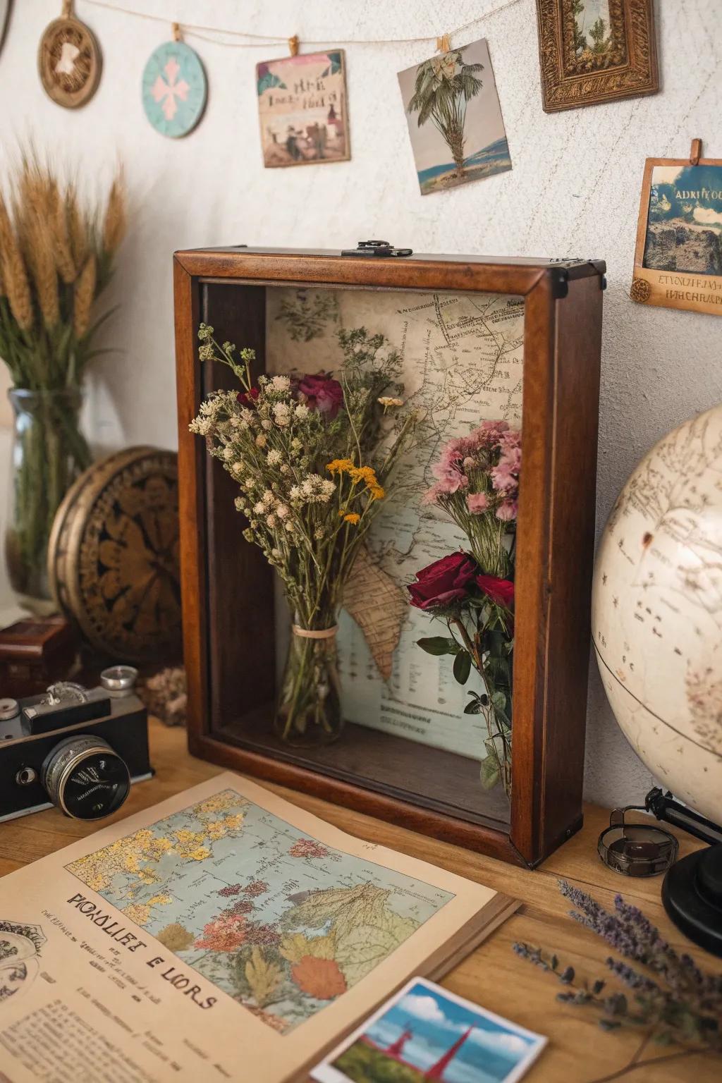 Relive your adventures through a travel-themed dried flower display case.