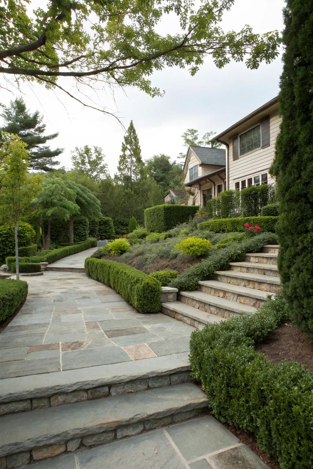 Elevation changes add drama and direct the gaze upward at this entrance.