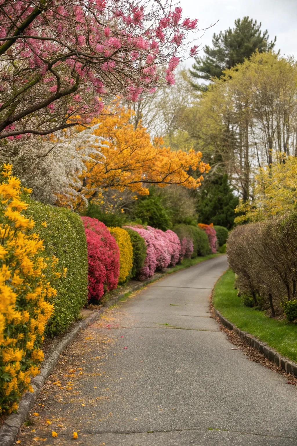 Seasonal flowering hedges, adding year-long color to a driveway.