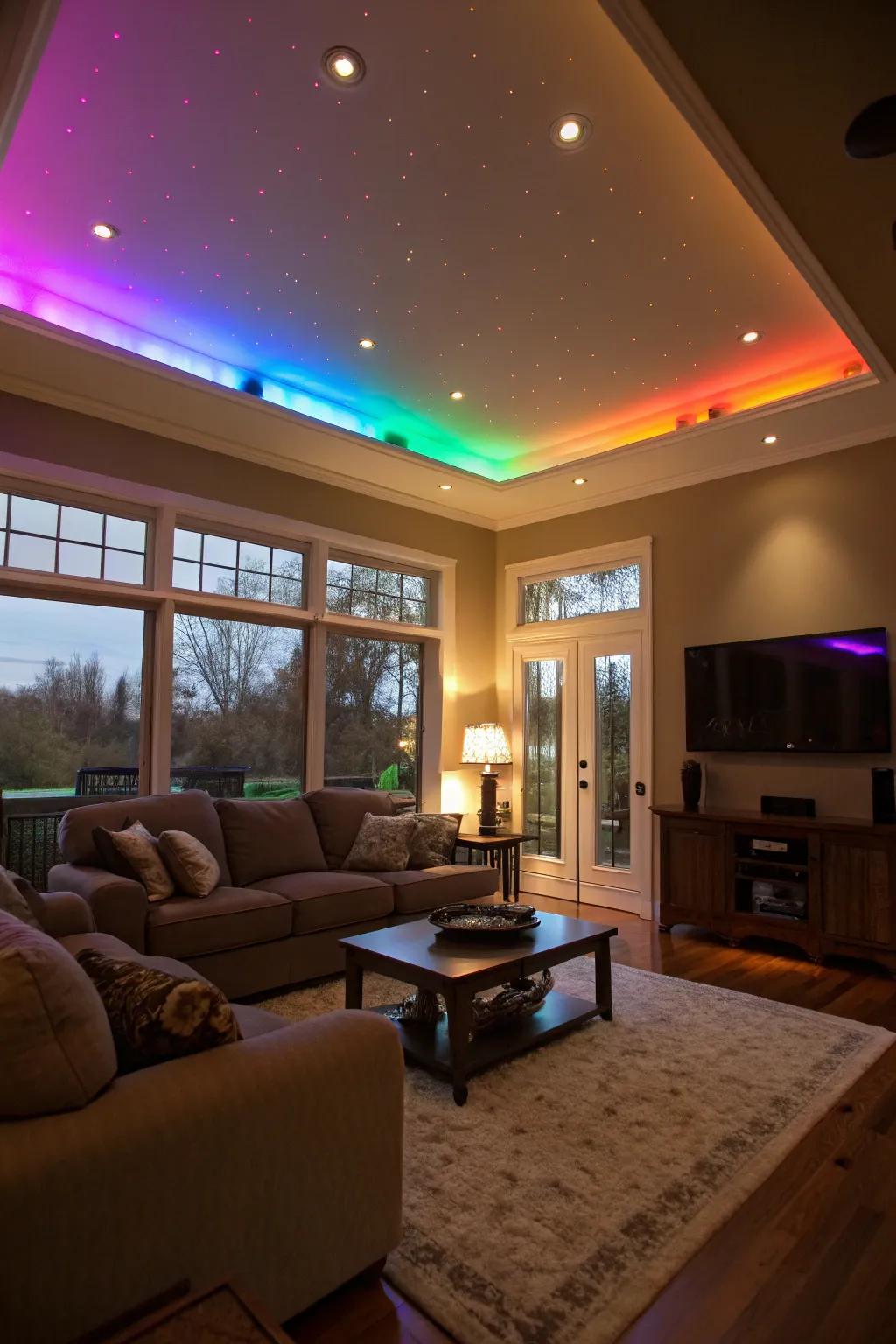 Hue-adaptable LEDs transform the mood of this family room.