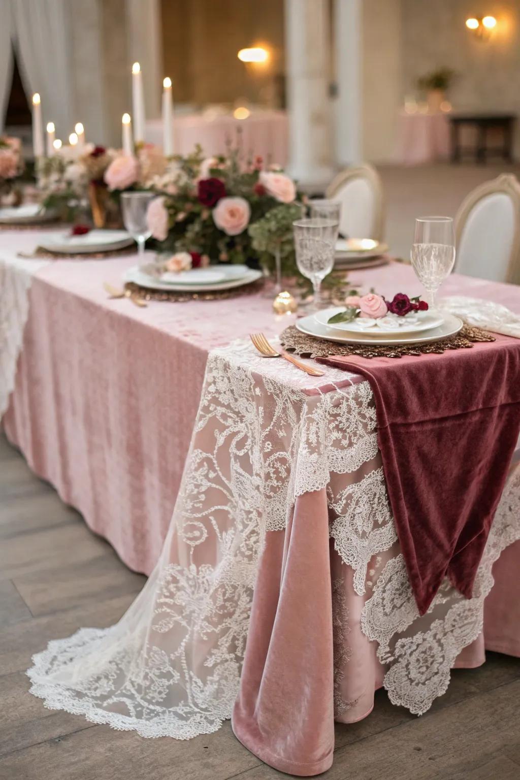 Luxurious lace and velvet in soft blush.