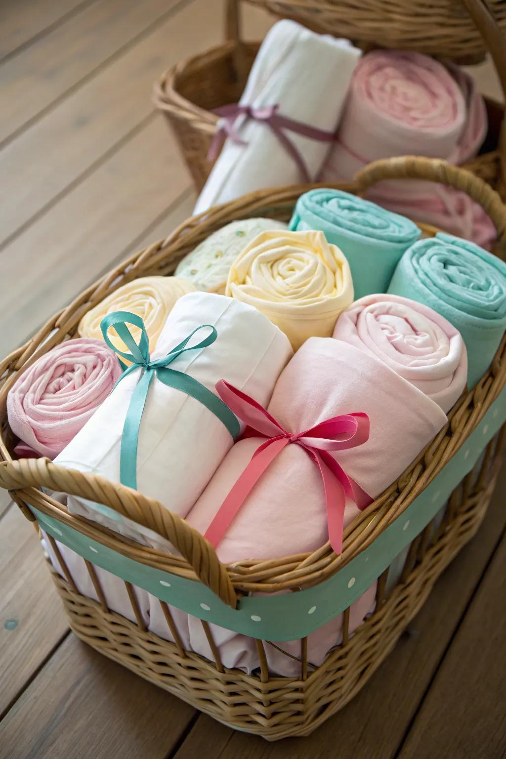 Rolled-up duvets add a delightful touch to storage.