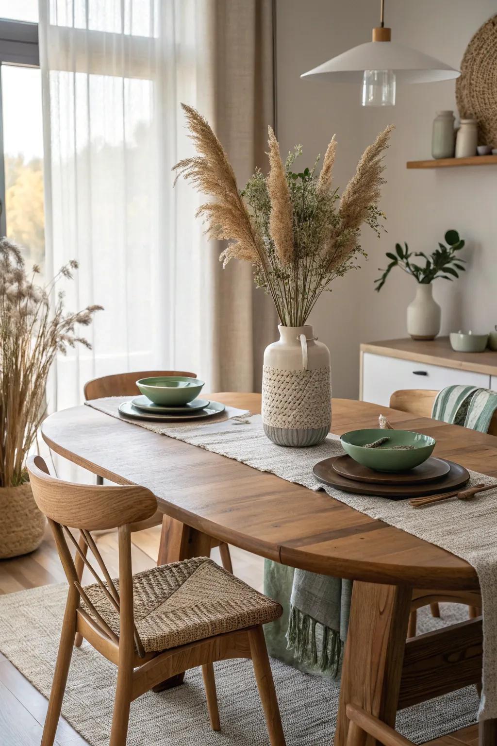 Gather around a wooden table for a naturally cozy dining time.
