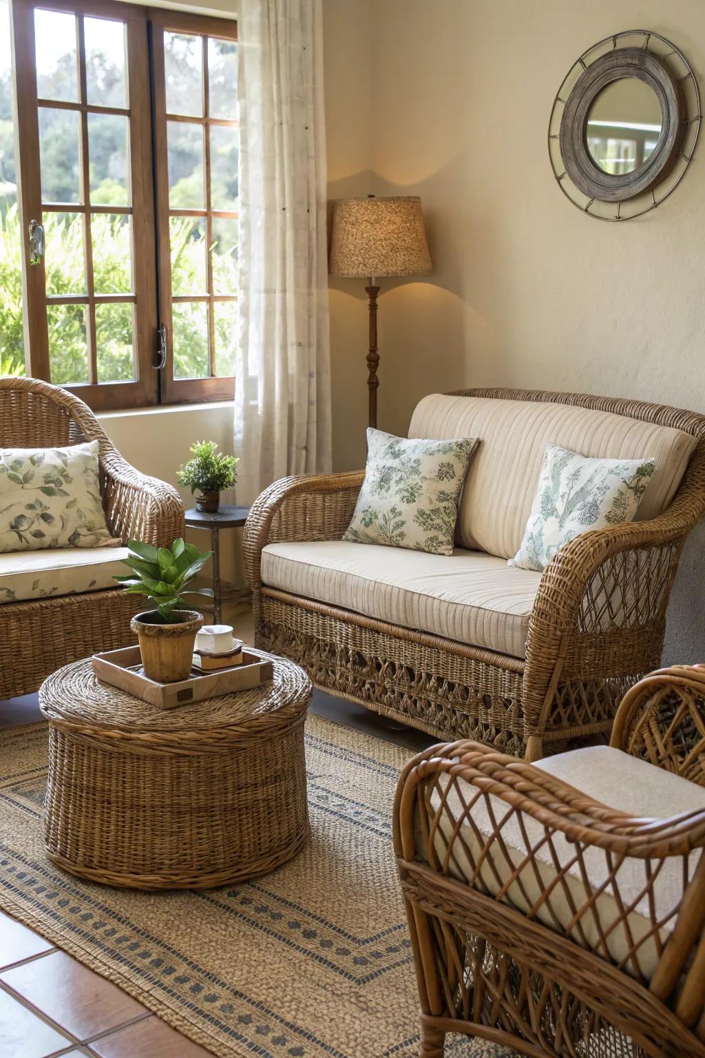 Area featuring rattan and wicker furnishings for augmented texture.
