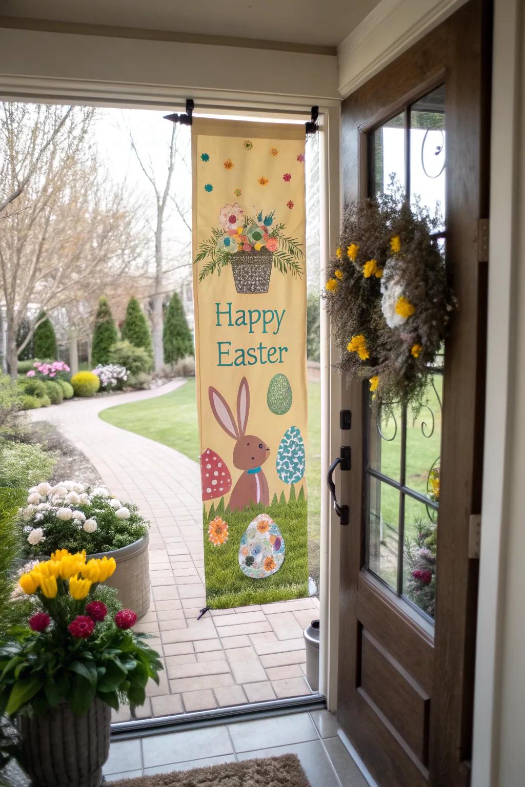 A DIY painted canvas banner presents a personalized Easter welcome.