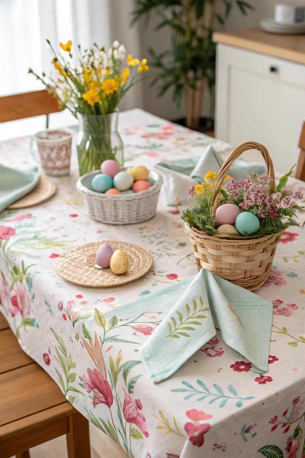 Styled table linens enhance the joyful feel of the Easter festivity.