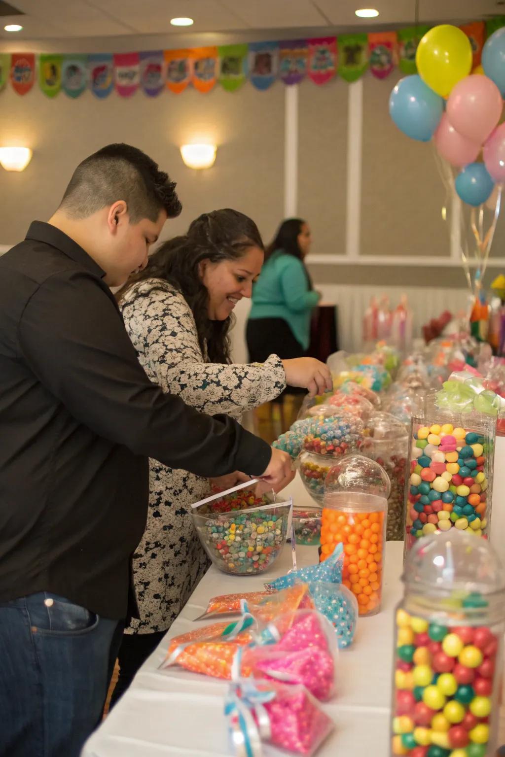 Guests enjoying personalized sweet sacks.