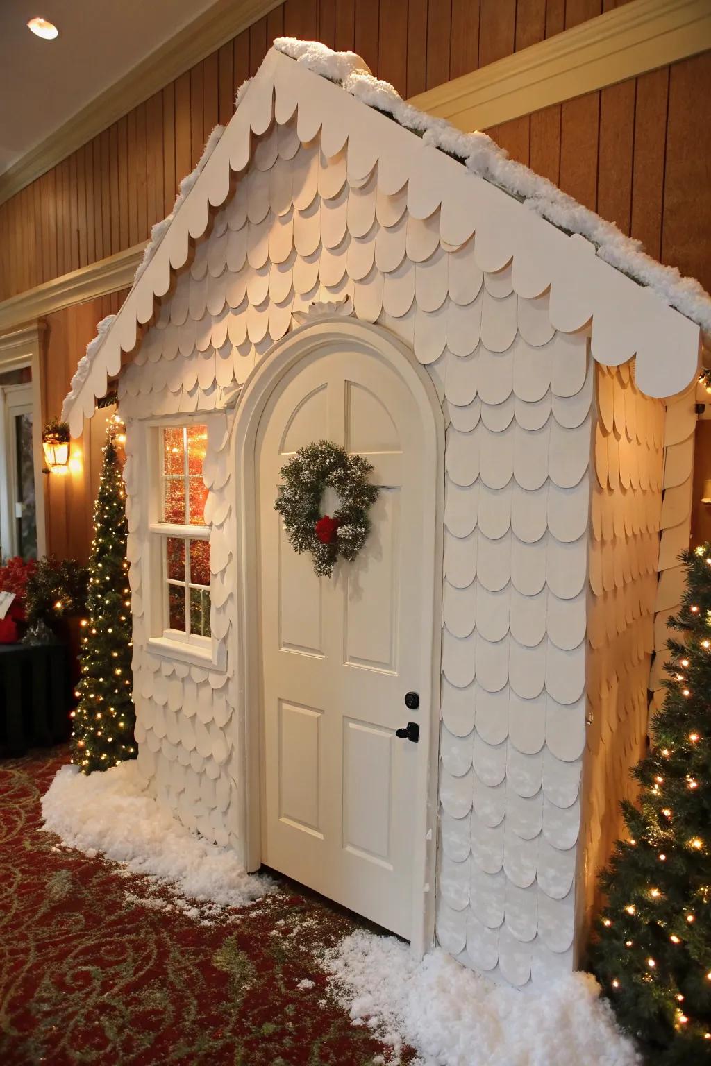 A scalloped rooftop effect appends an exquisite snowy nuance to the portal.