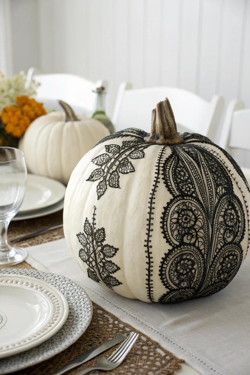 Netting designs introduce an upscale nuance to Halloween pumpkin decoration.