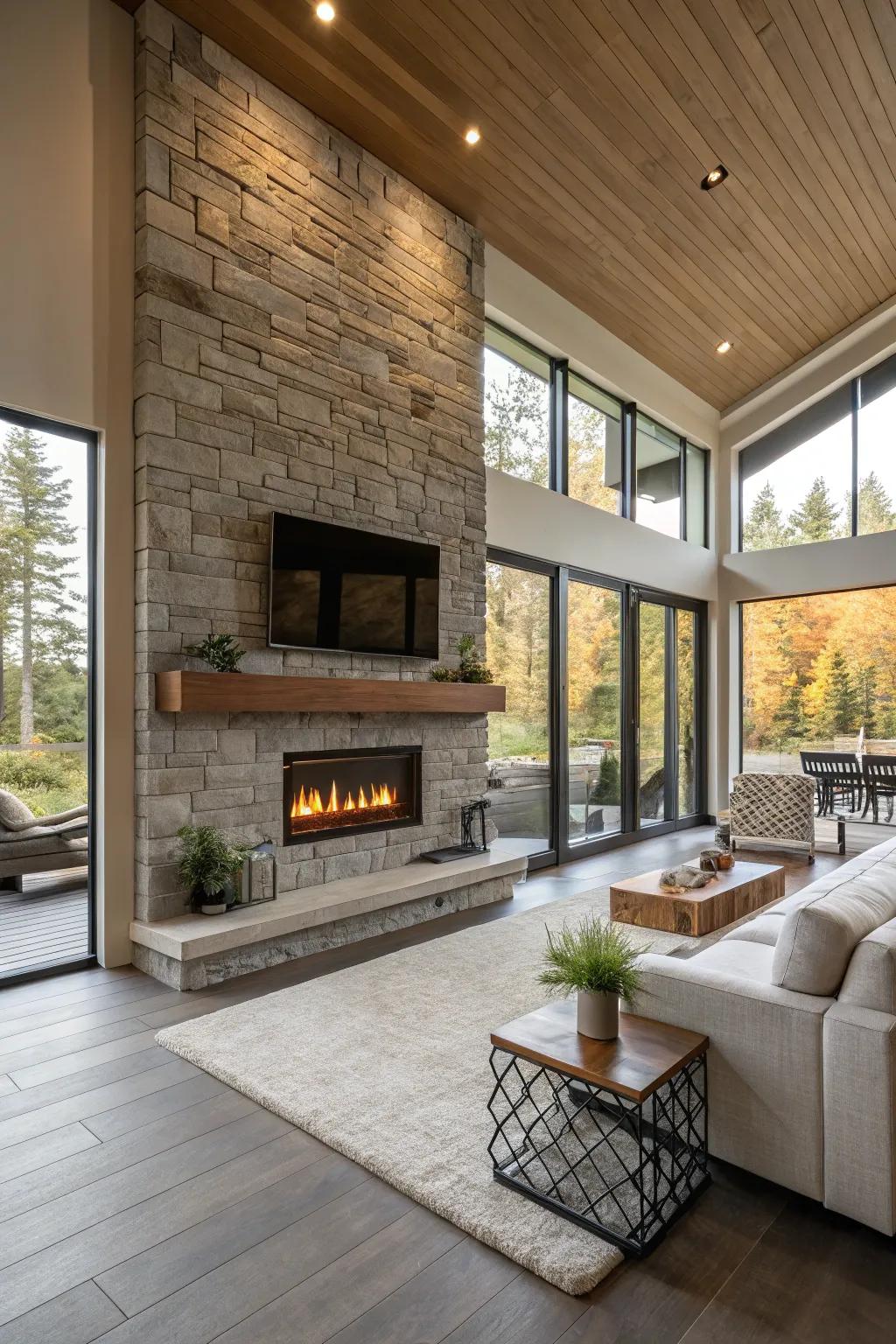 An open-plan area in which the fireplace unifies the space.
