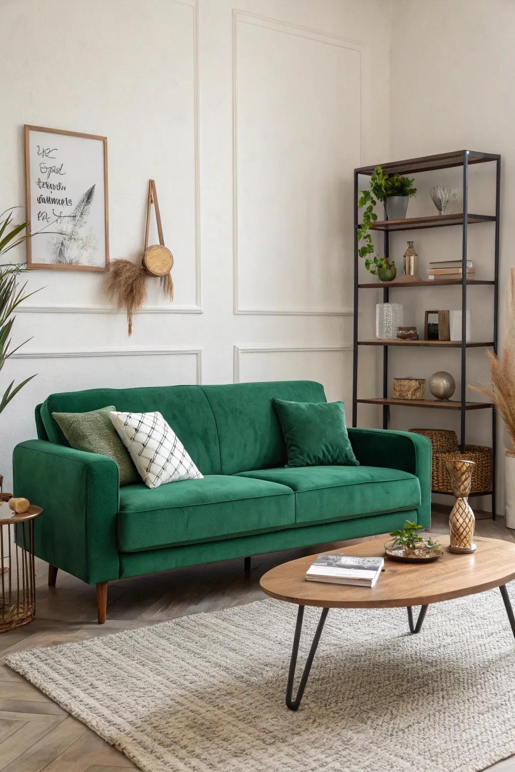 A simple approach lets the emerald green sofa shine.